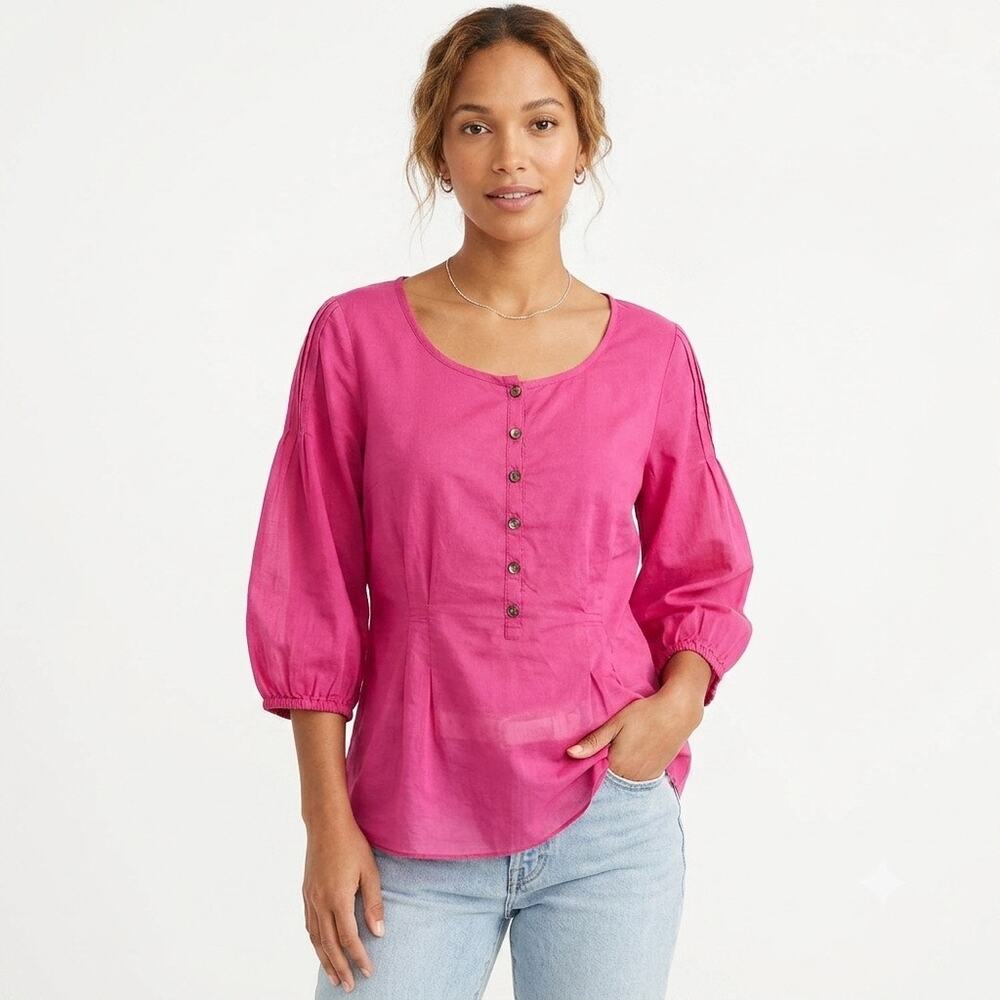 J. Jill Women's Peplum Top Size XS Pink 1/4 Button 3/4 Sleeve Lightweight Blouse